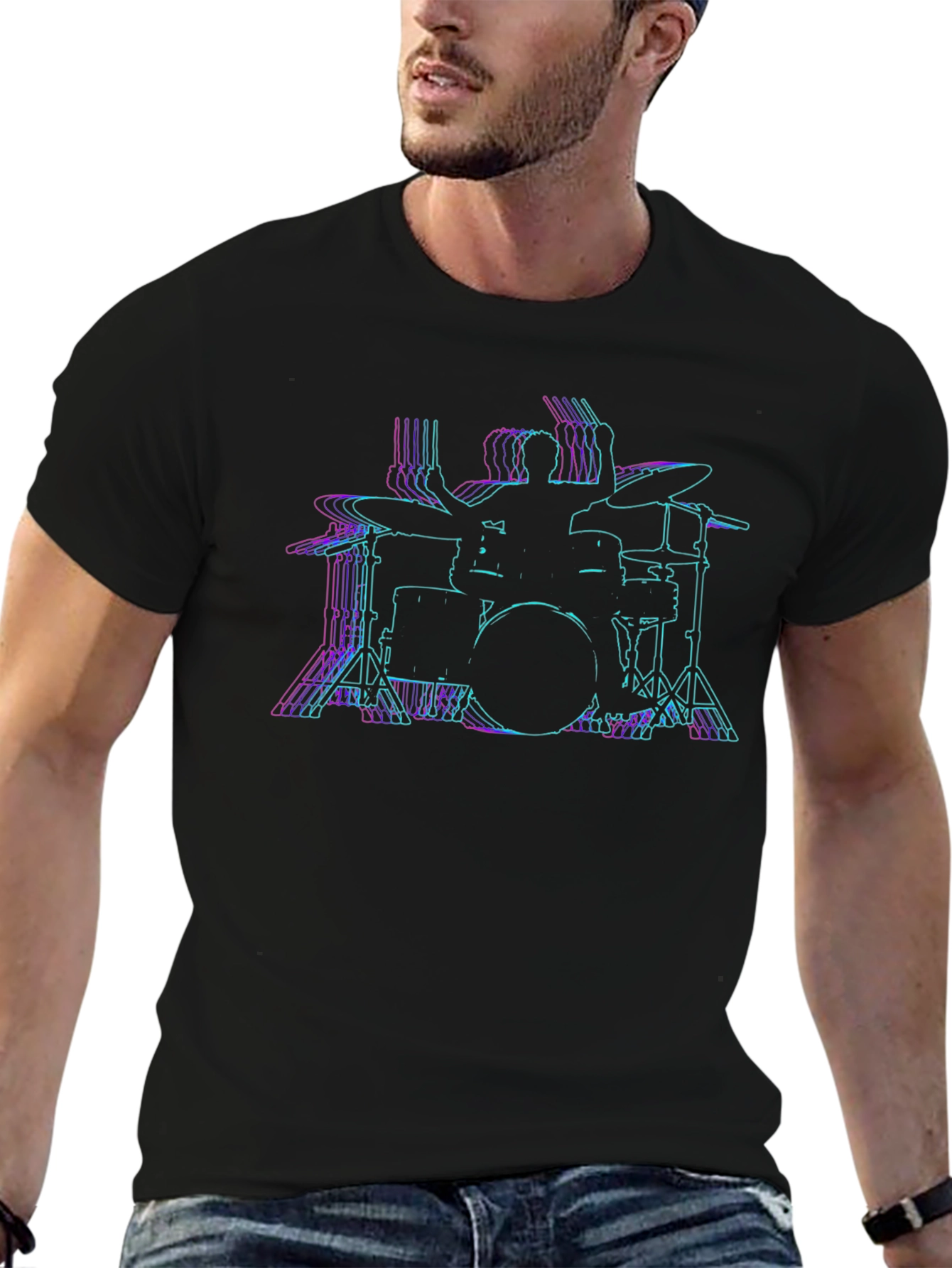 Drummer Outline Black T-Shirt - Music Lover Tee