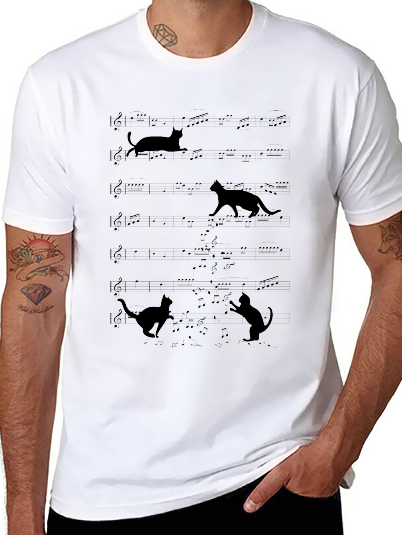 Cats on Sheet Music Black T-Shirt