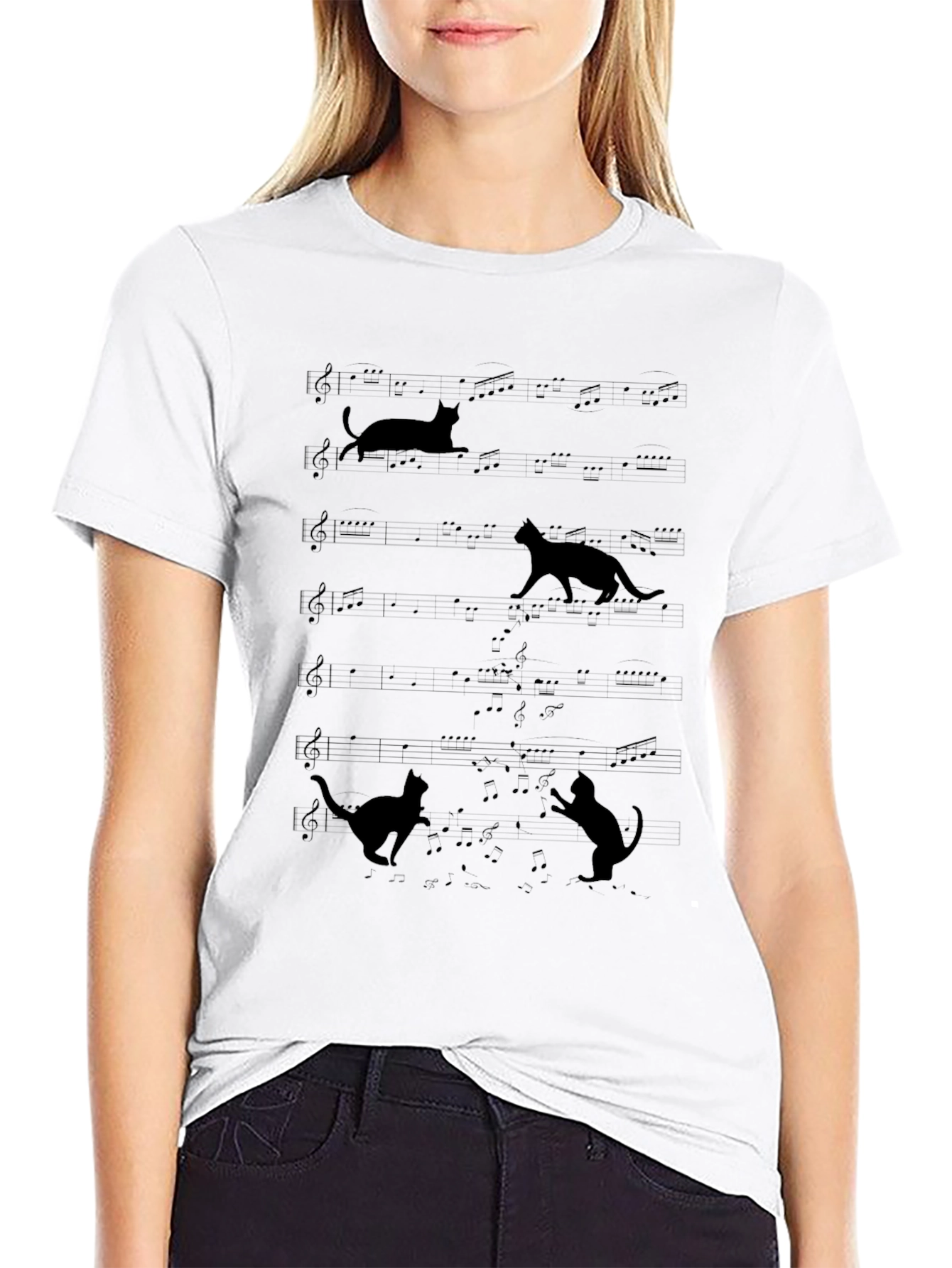 Cats on Sheet Music Black T-Shirt