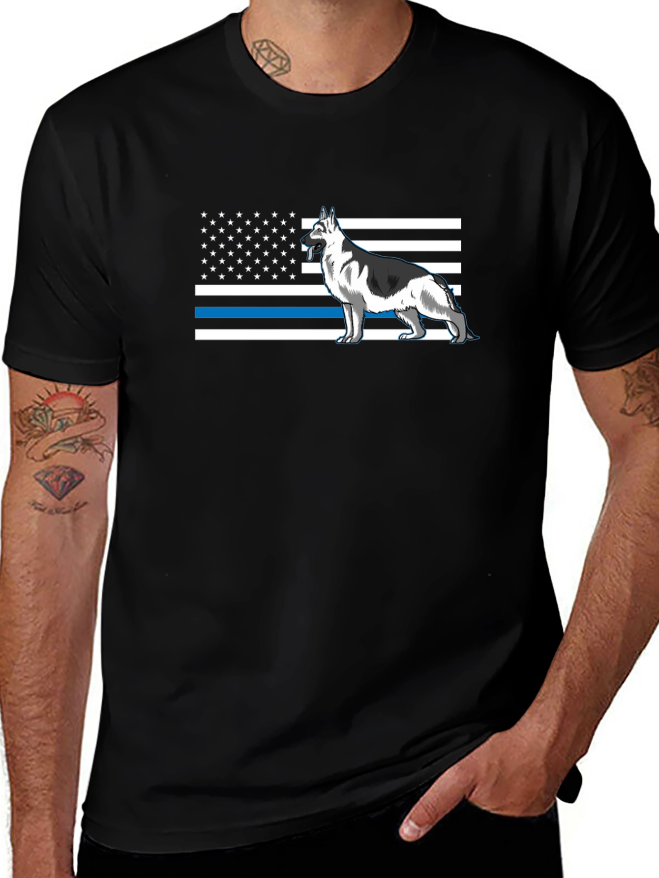 German Shepherd American Flag Thin Blue Line T-Shirt