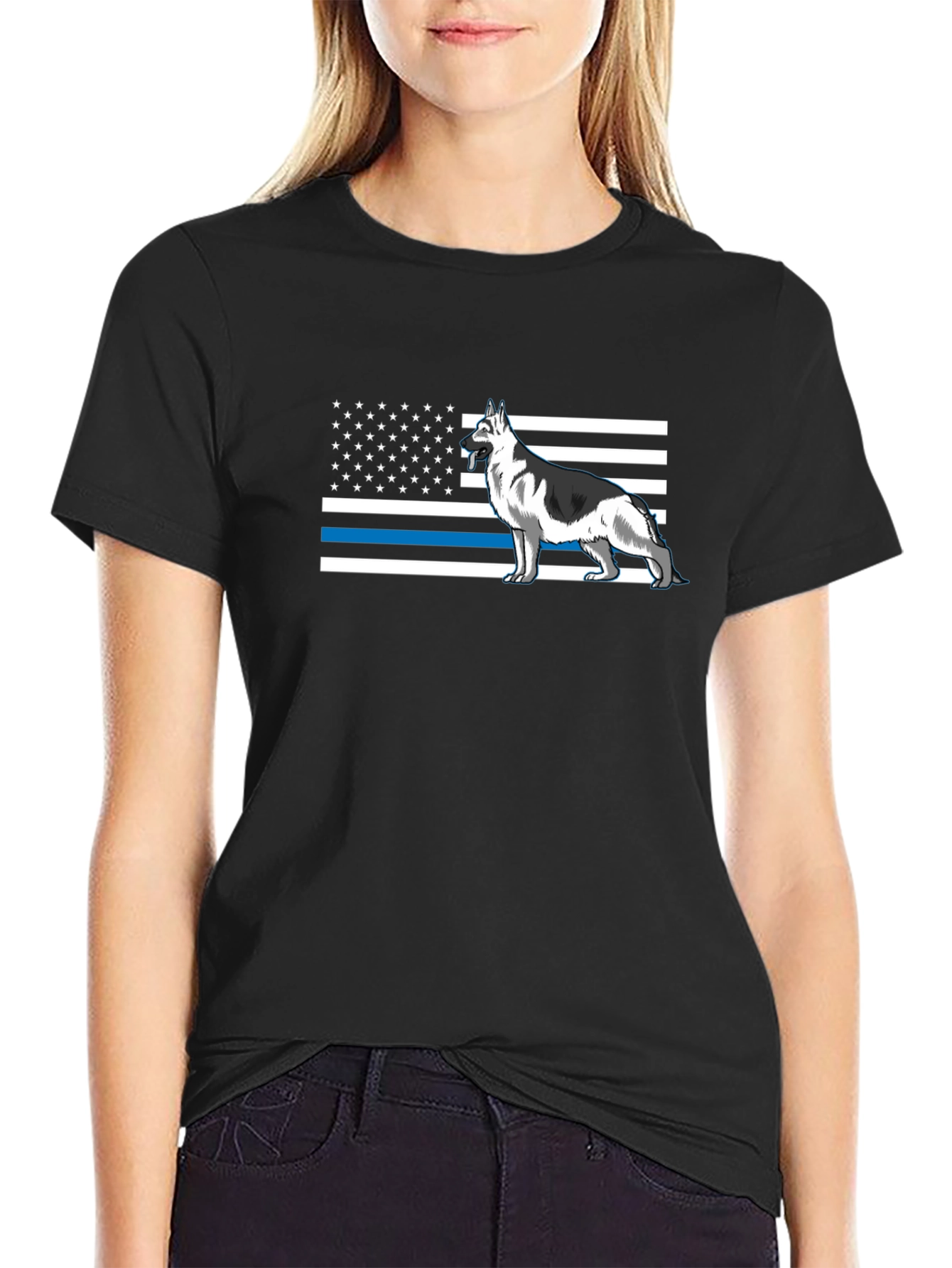 German Shepherd American Flag Thin Blue Line T-Shirt