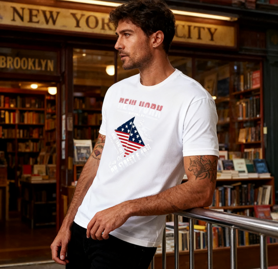 New York Brooklyn American Flag T-Shirt - 100% Cotton, Retro Urban Tee for Travel, Casual Wear & City Adventures