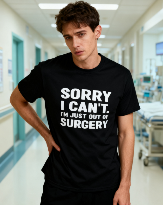 Sorry I Can't. I'm Just Out of Surgery Funny T-Shirt - 100% Cotton, Humorous Tee for Post-Surgery Recovery & Casual Occasions