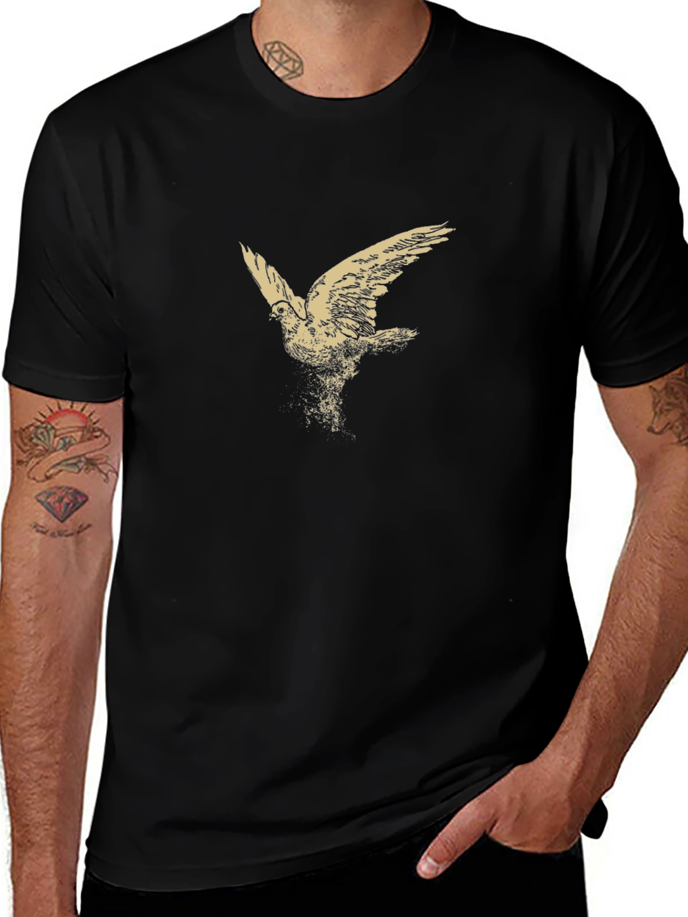 Mens Black T-Shirt with Bird Print