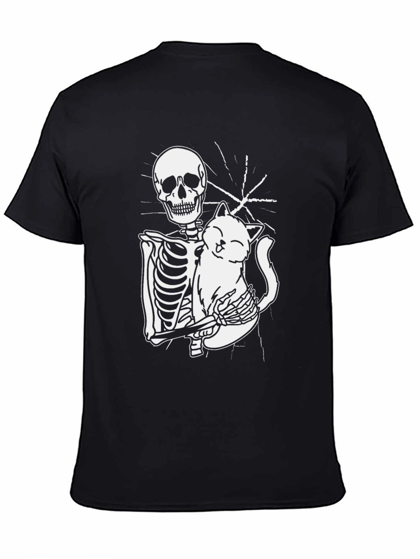 Skeleton Hugging Cat Graphic Tee - Black