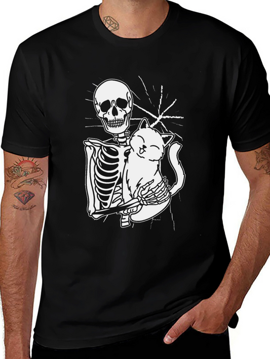 Skeleton Hugging Cat Graphic Tee - Black