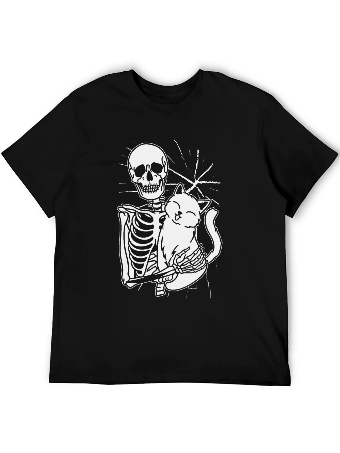 Skeleton Hugging Cat Graphic Tee - Black