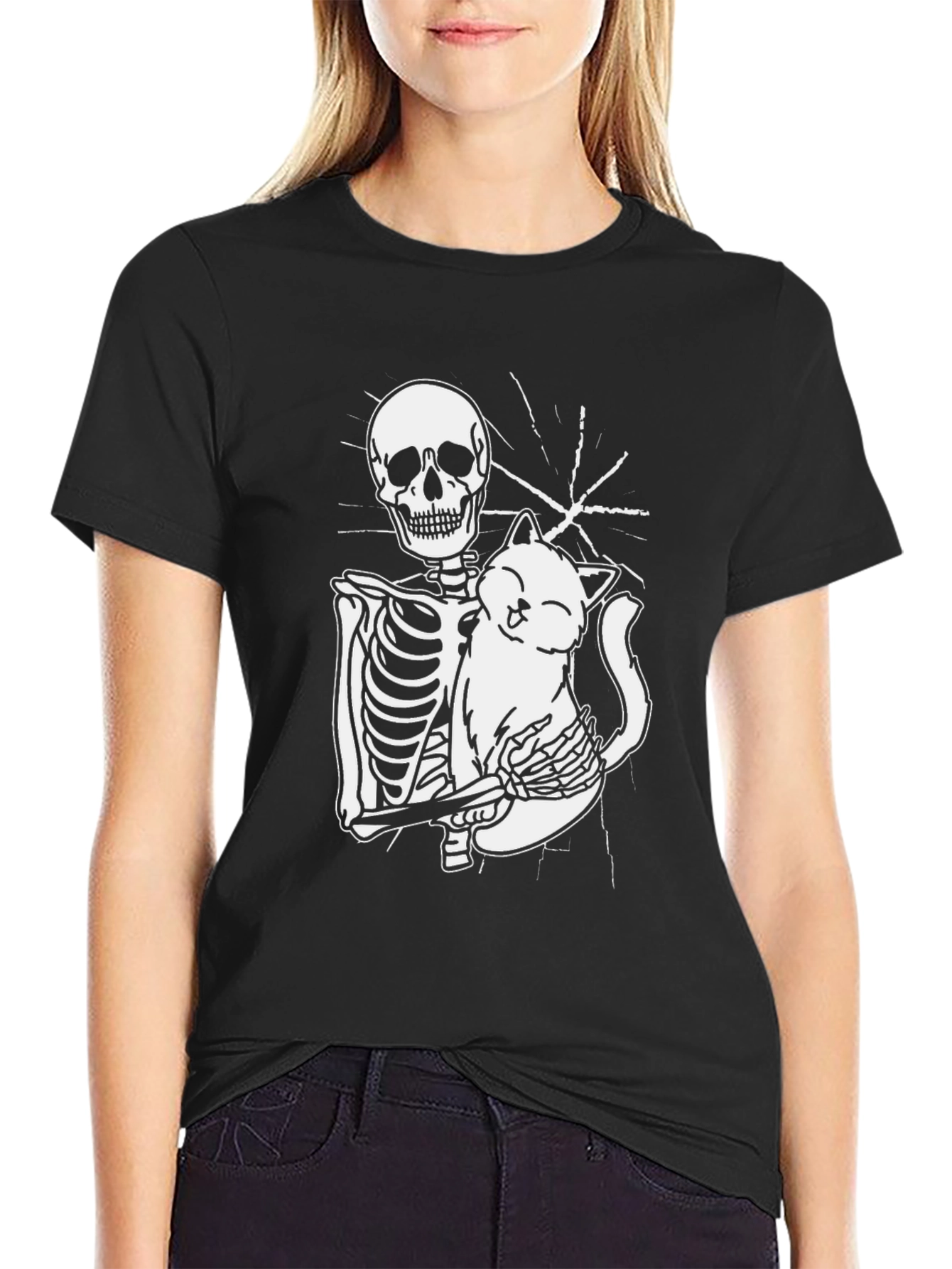Skeleton Hugging Cat Graphic Tee - Black