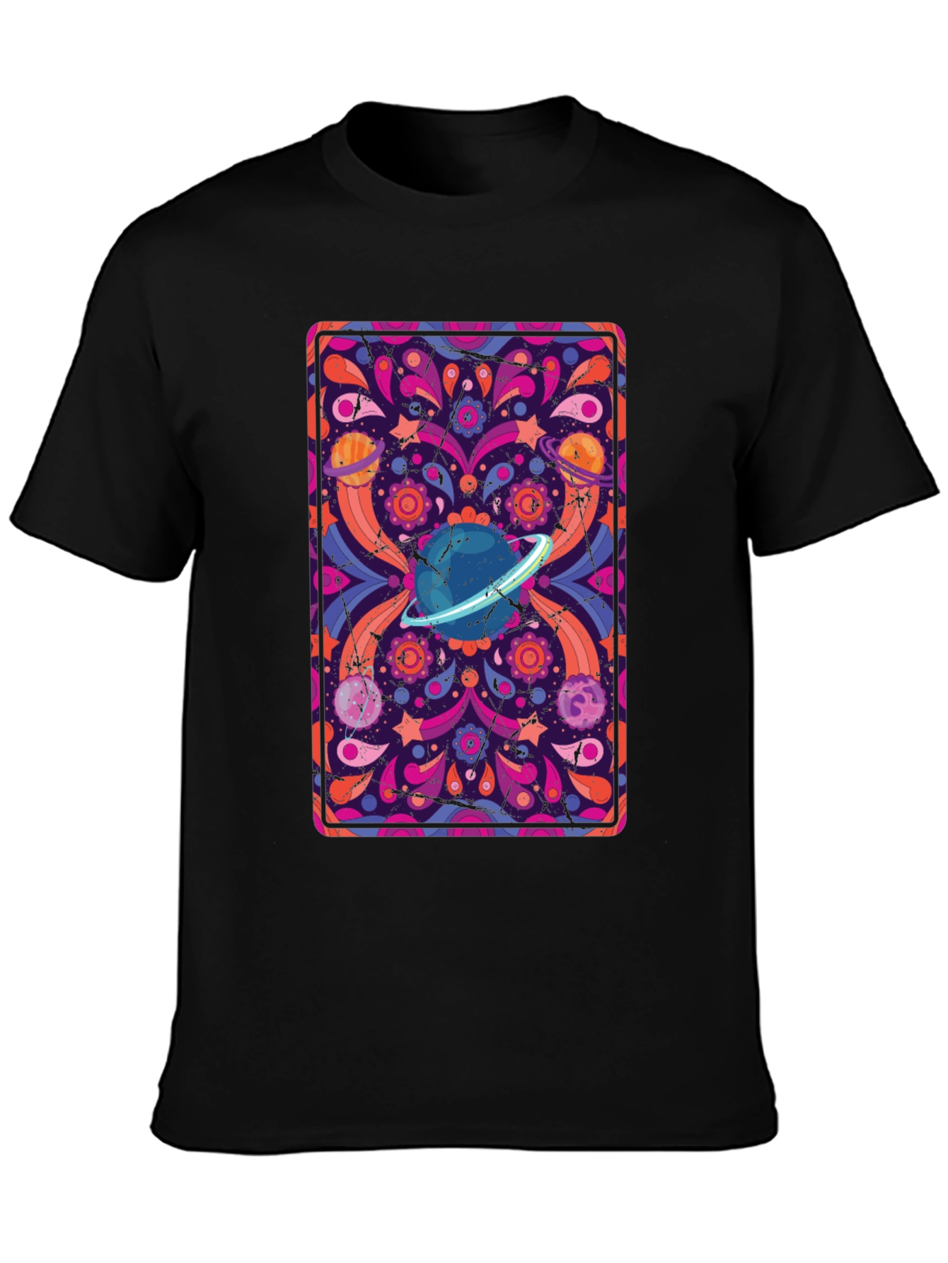 Retro Space Print T-Shirt - Black Cotton Blend