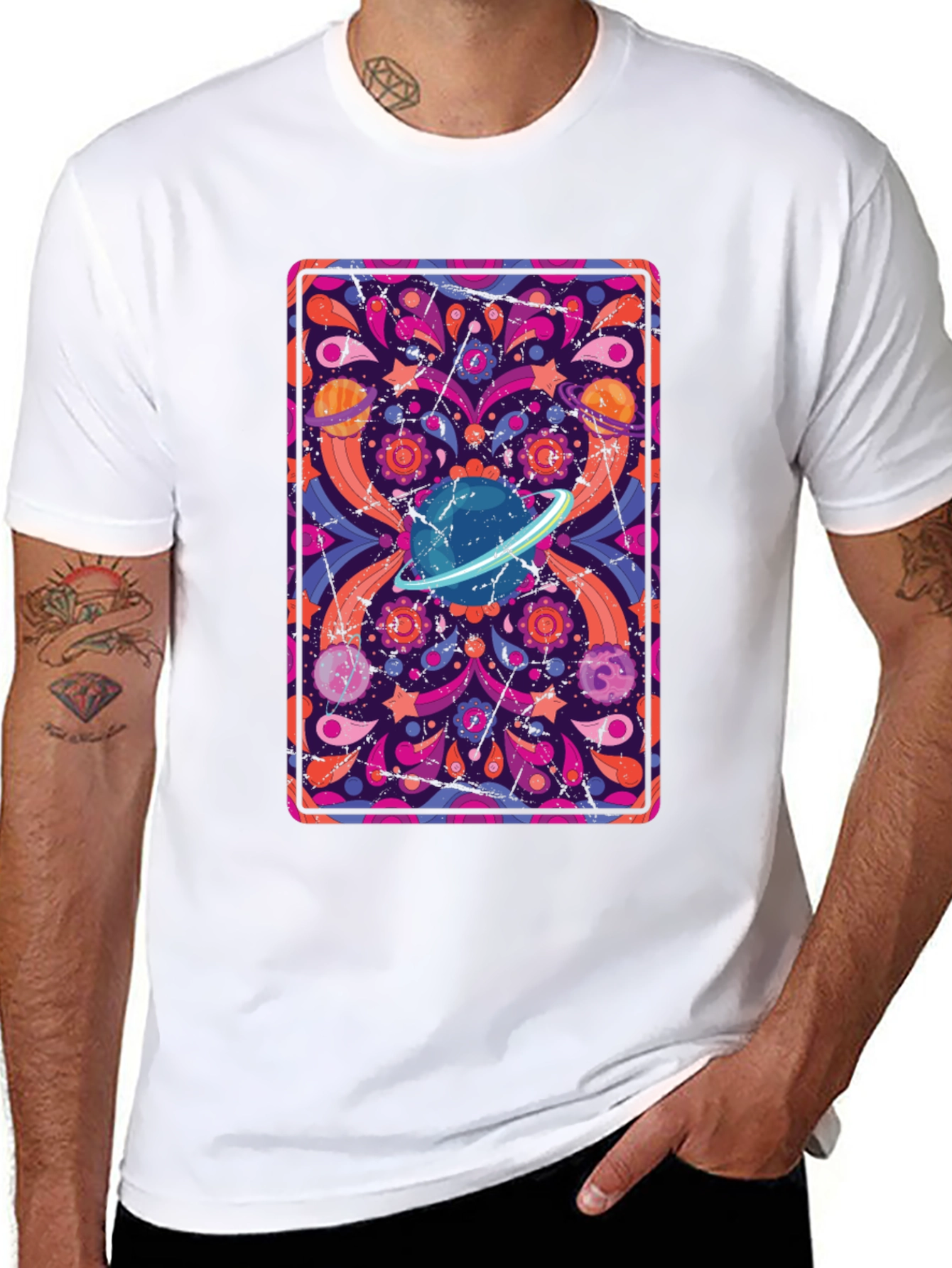 Retro Space Print T-Shirt - Black Cotton Blend