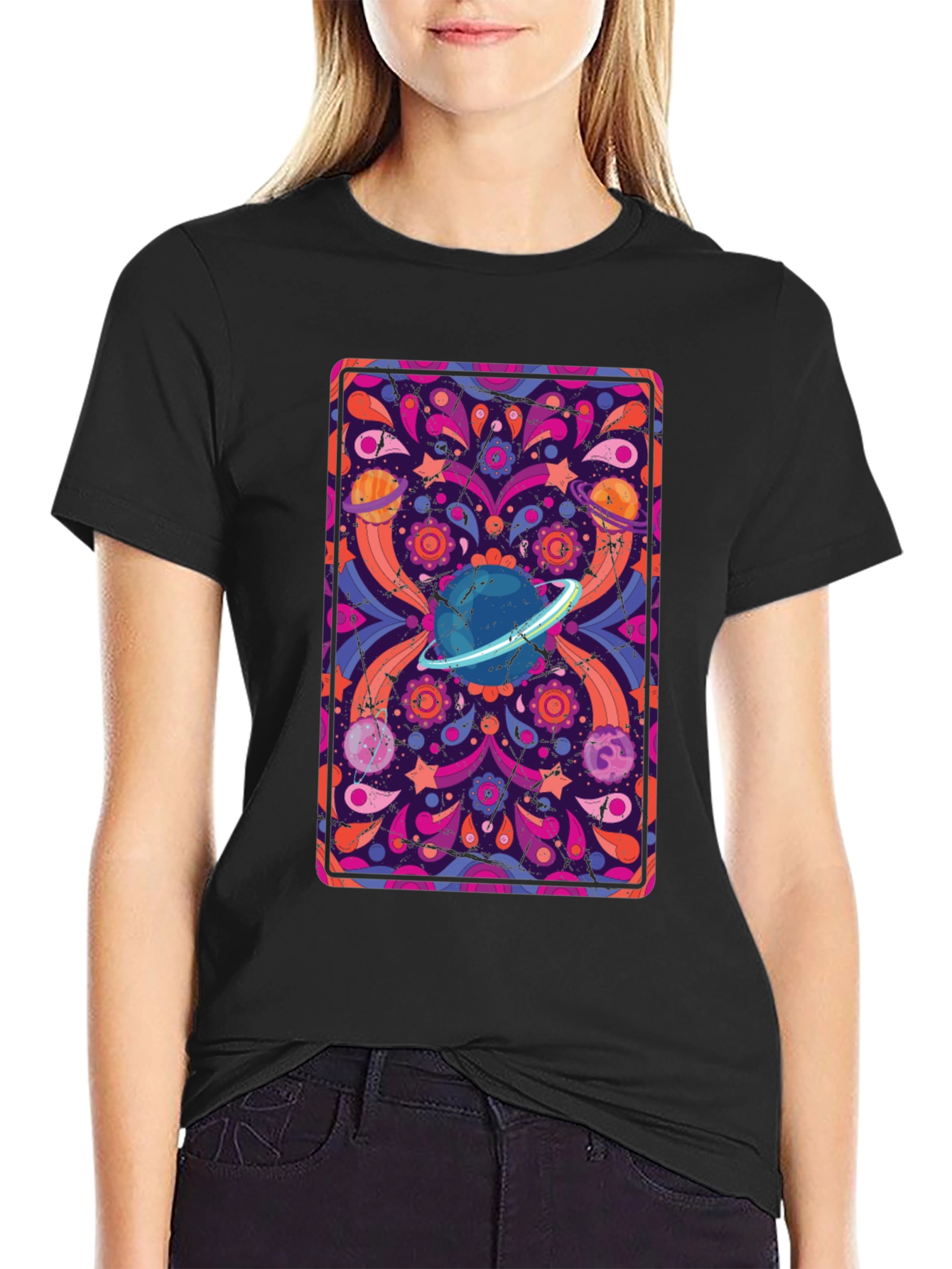 Retro Space Print T-Shirt - Black Cotton Blend