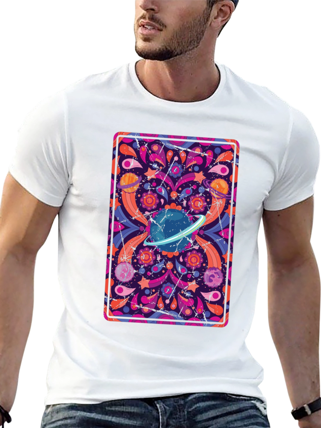 Retro Space Print T-Shirt - Black Cotton Blend