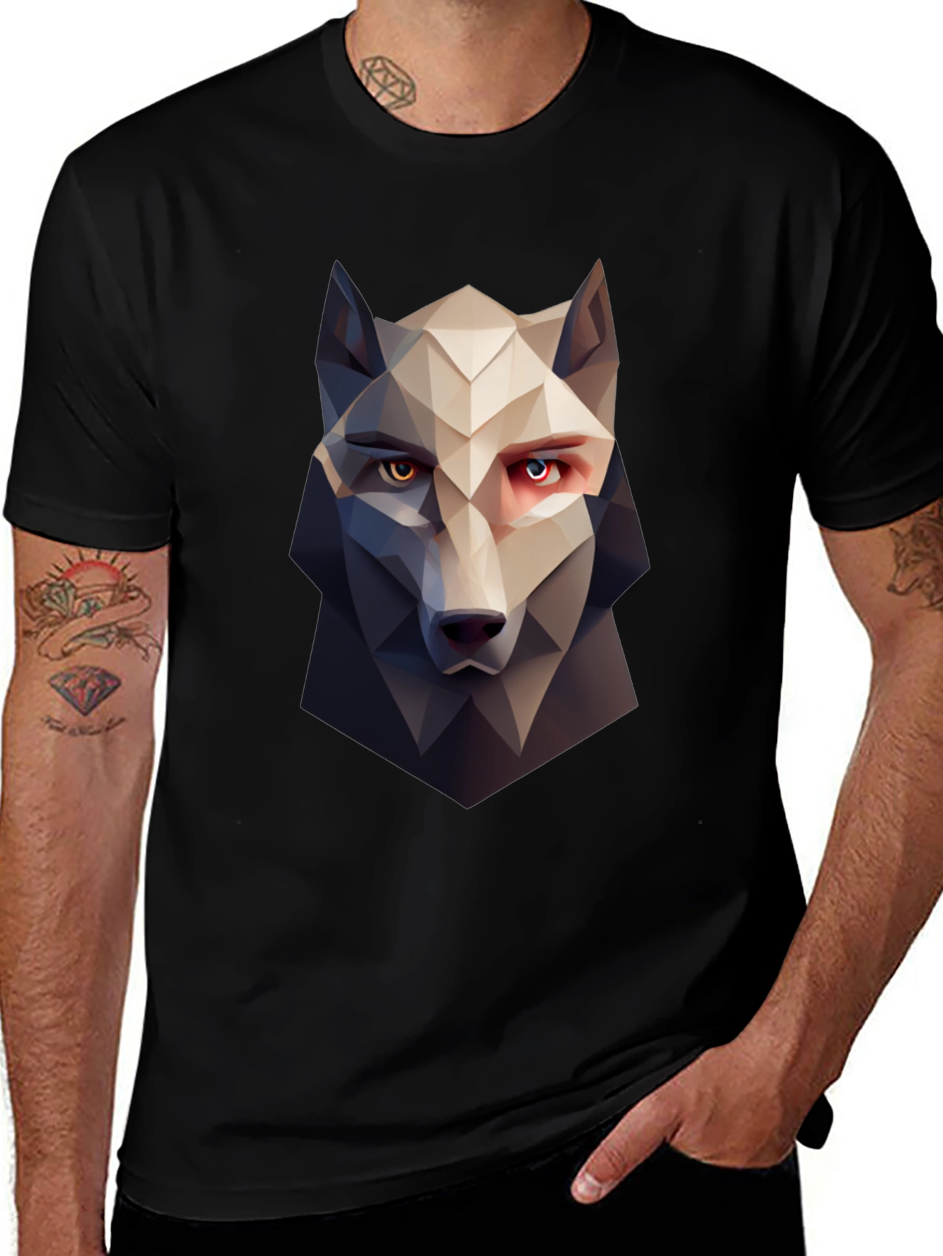 Geometric Wolf Graphic Tee - Stylish Mens Black T-Shirt