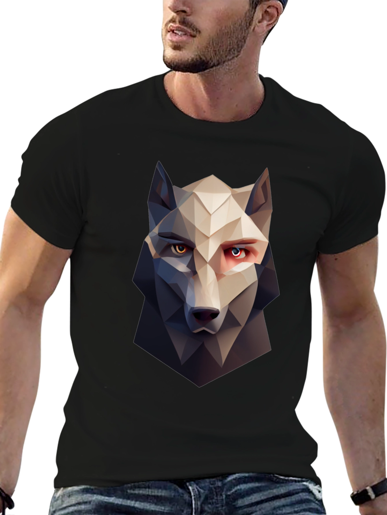Geometric Wolf Graphic Tee - Stylish Mens Black T-Shirt