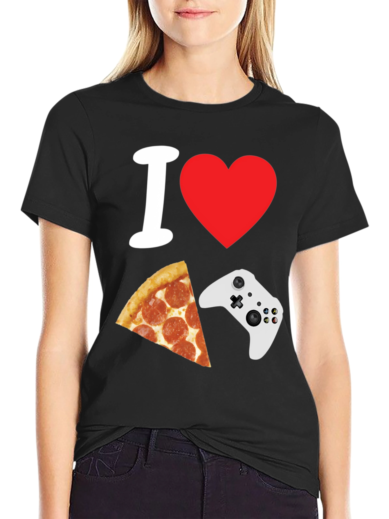 I Heart Gaming and Pizza Black T-Shirt