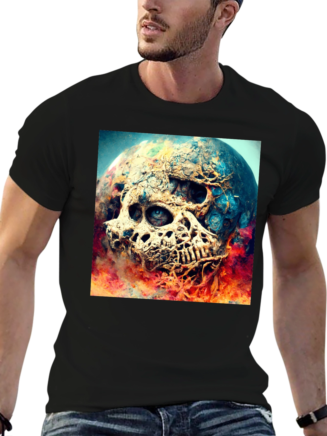 Skull Planet Graphic Tee - Black Cotton Shirt
