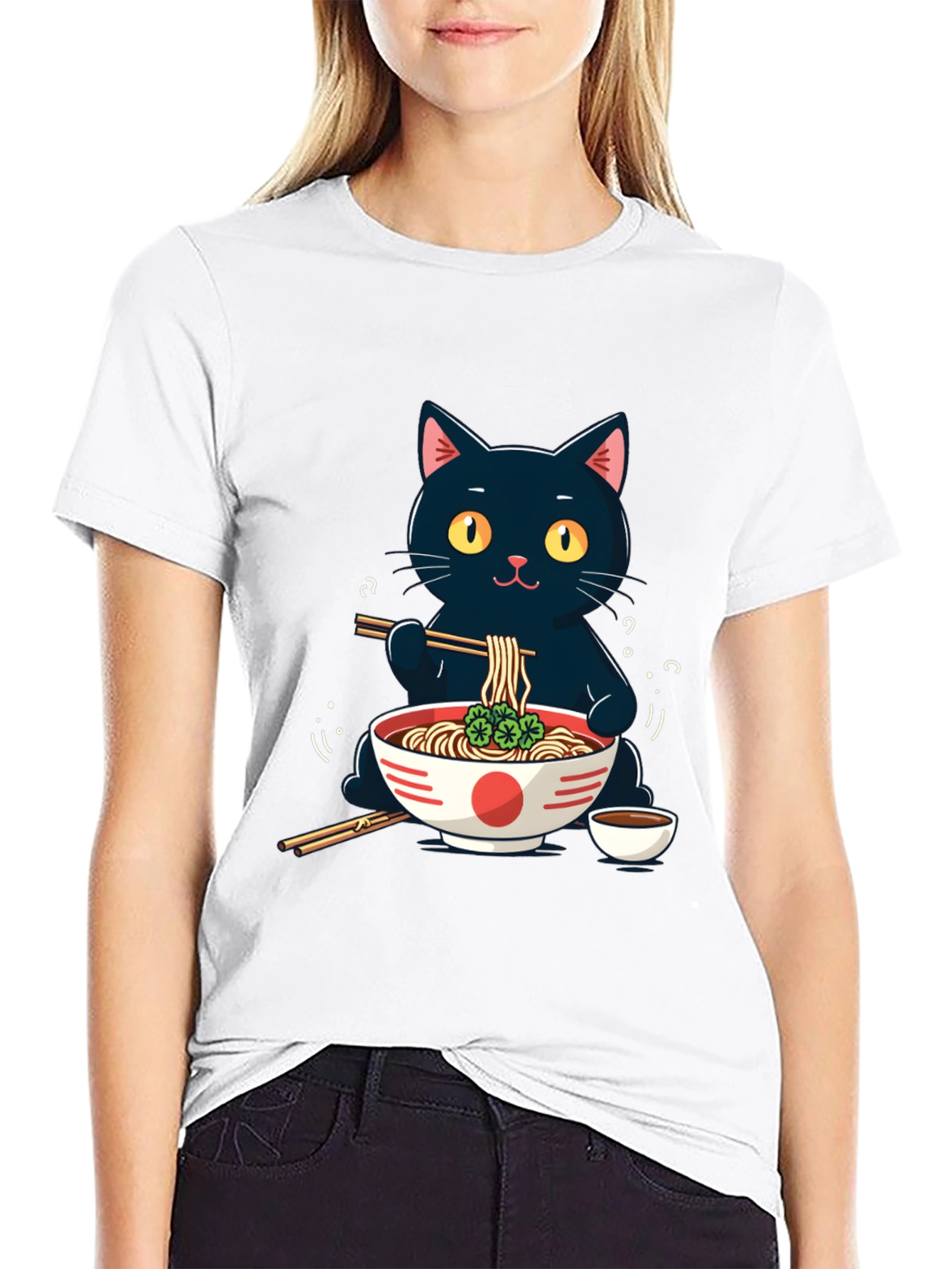Black Cat Ramen T-Shirt - Cute Anime Style