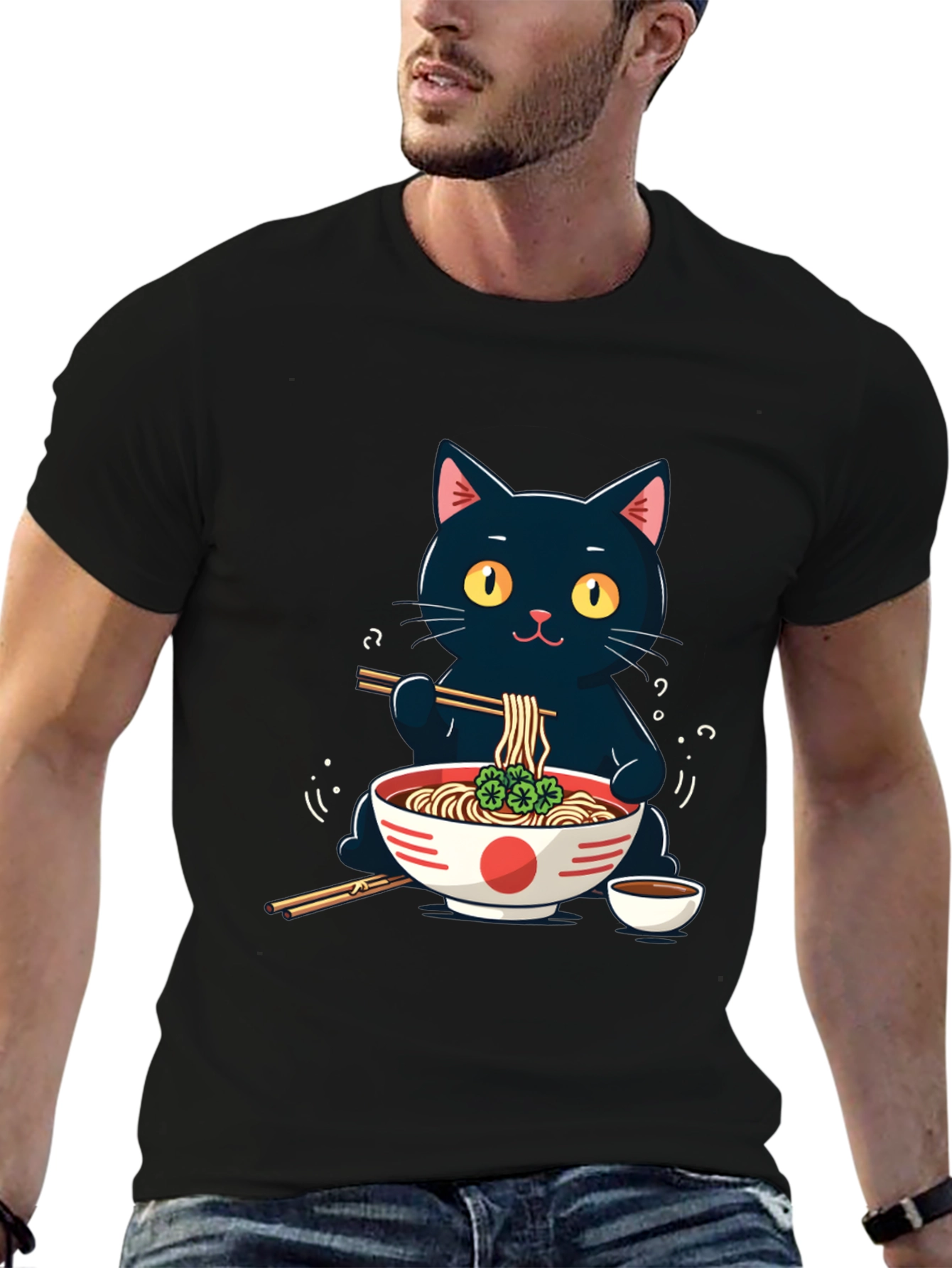 Black Cat Ramen T-Shirt - Cute Anime Style