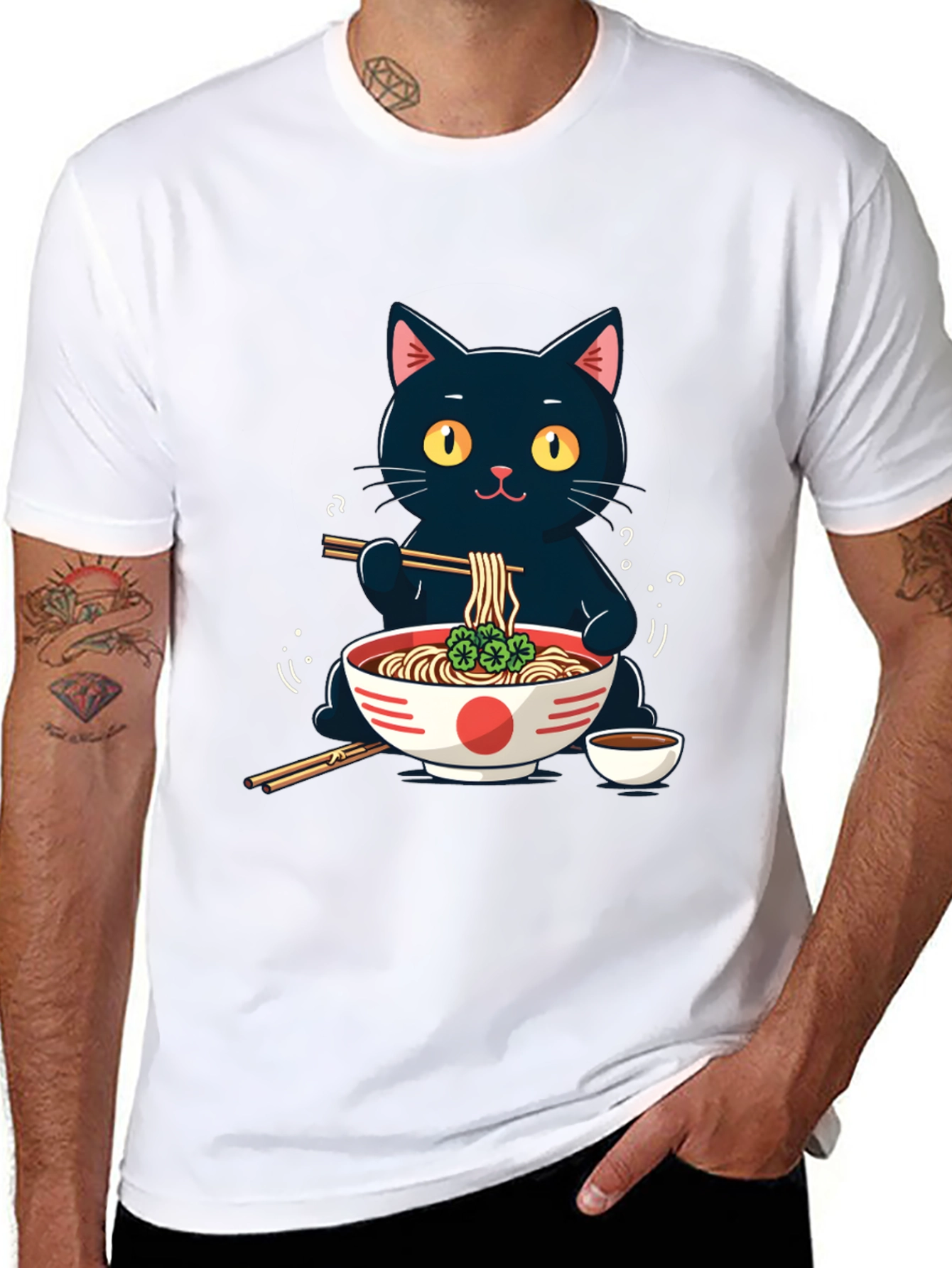 Black Cat Ramen T-Shirt - Cute Anime Style