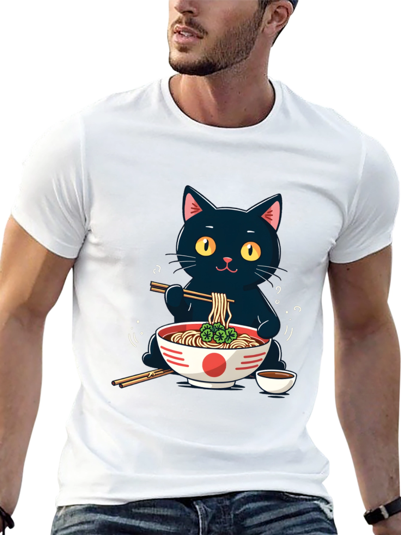Black Cat Ramen T-Shirt - Cute Anime Style