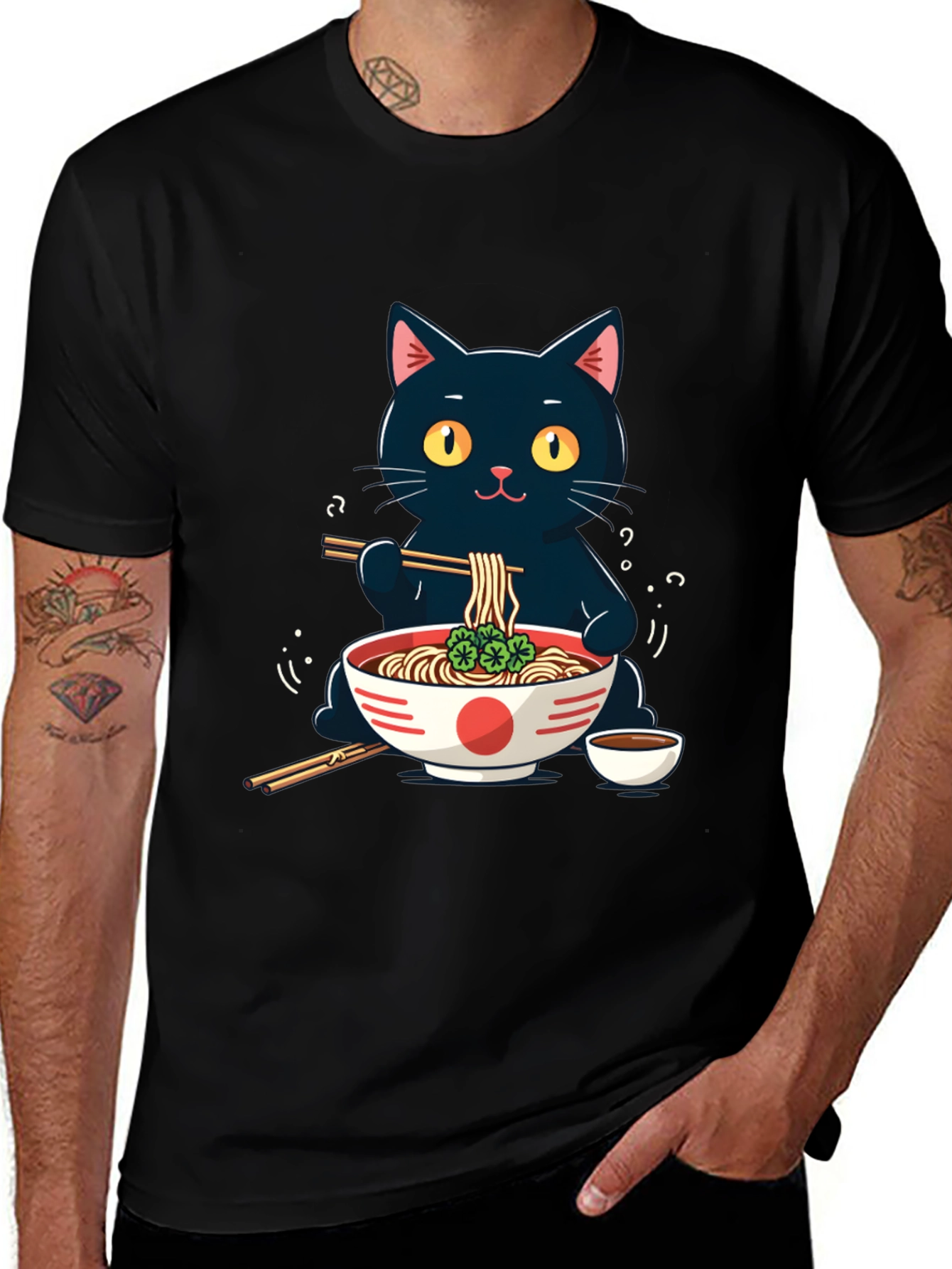 Black Cat Ramen T-Shirt - Cute Anime Style