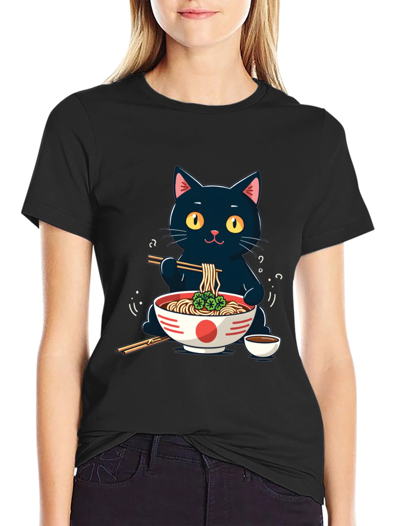 Black Cat Ramen T-Shirt - Cute Anime Style