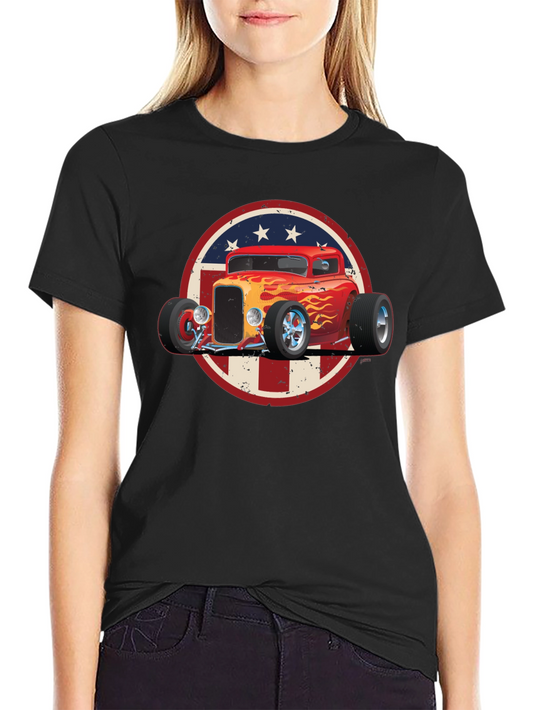 Hot Rod Car Graphic Tee - Patriotic American Flag Style