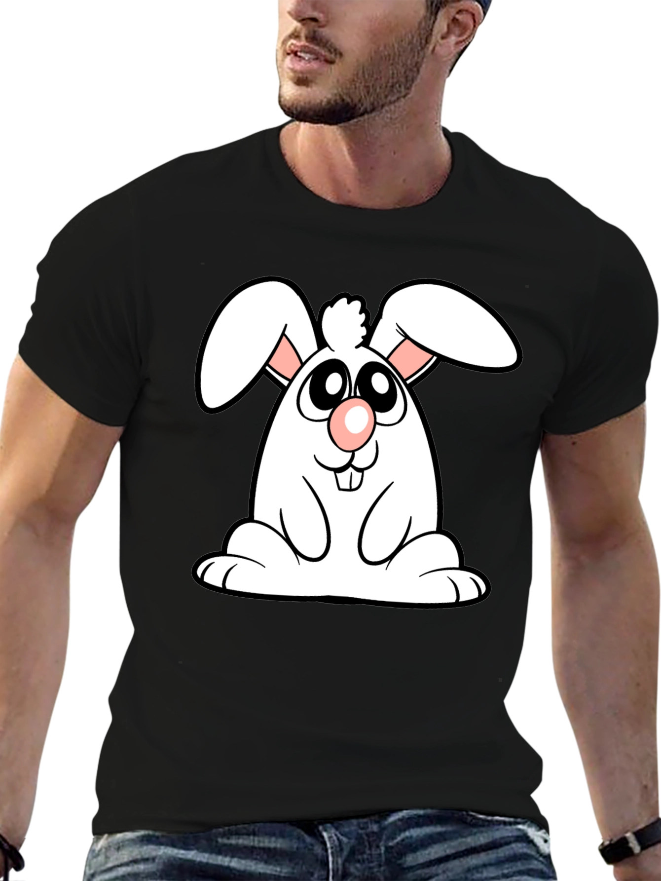 Cute Cartoon Bunny Black T-Shirt