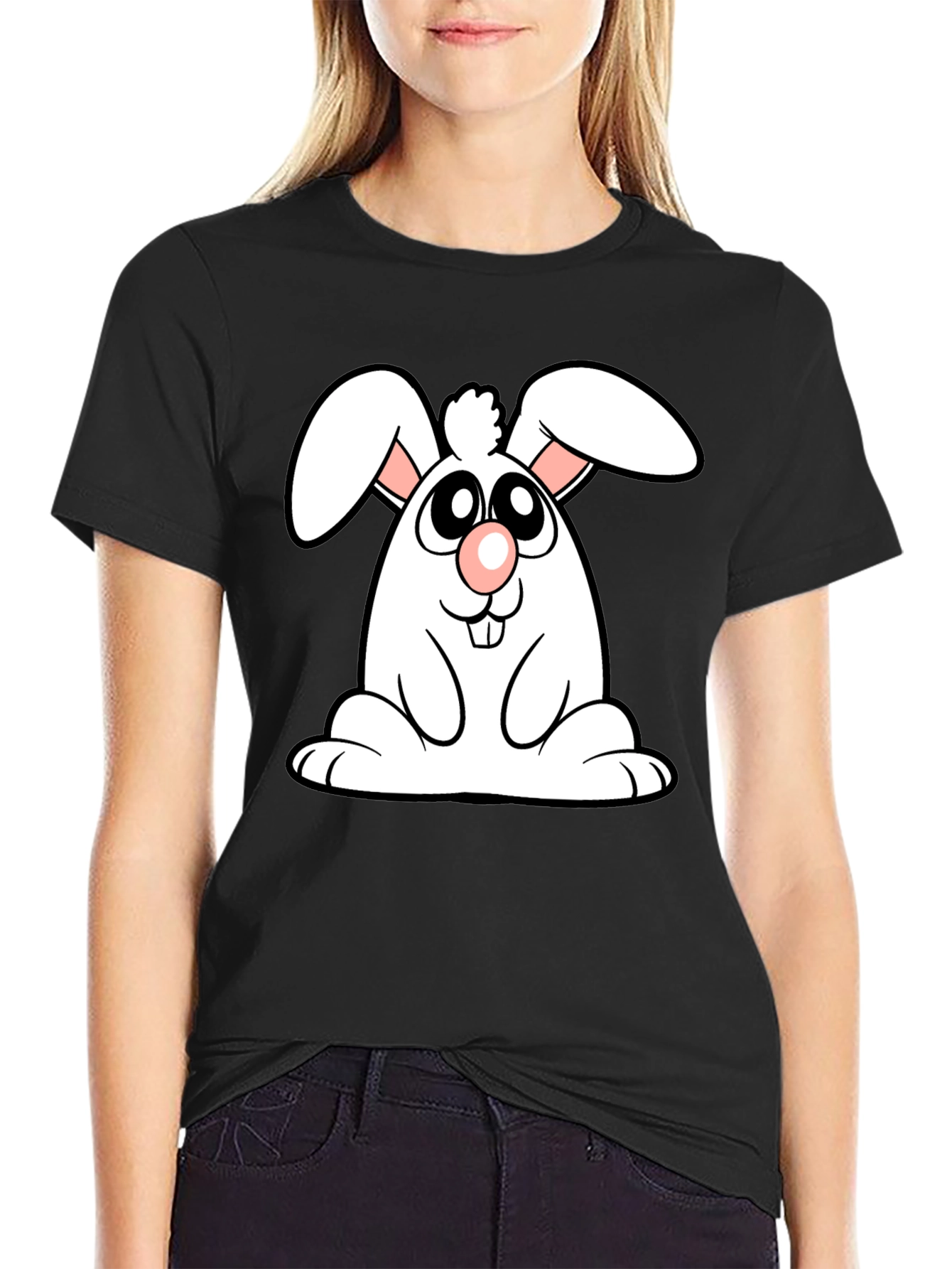 Cute Cartoon Bunny Black T-Shirt