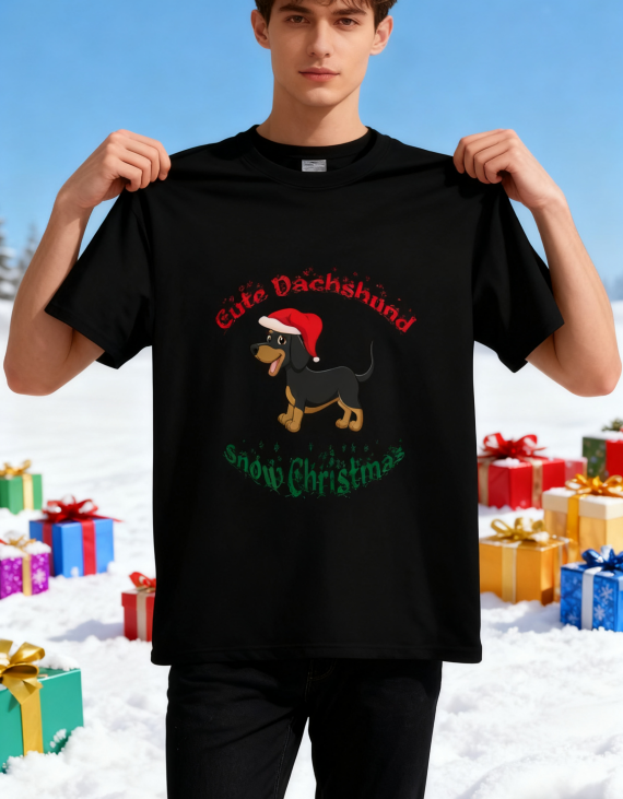 Cute Dachshund Snowy Christmas T-Shirt - 100% Cotton, Festive Exclusive for Holiday Gatherings & Casual Occasions