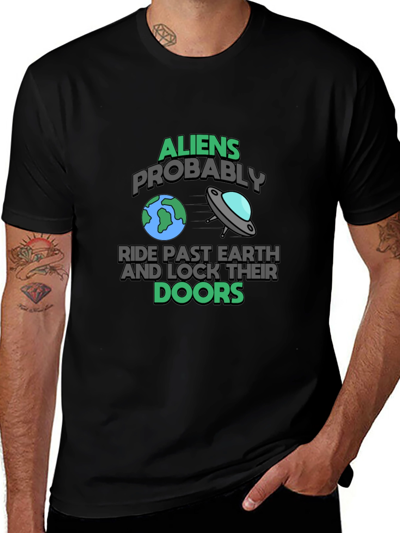 Aliens Probably Ride Past Earth Black Graphic T-Shirt