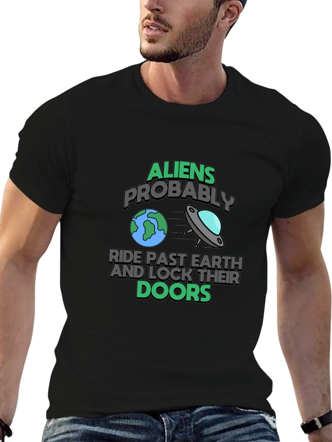 Aliens Probably Ride Past Earth Black Graphic T-Shirt