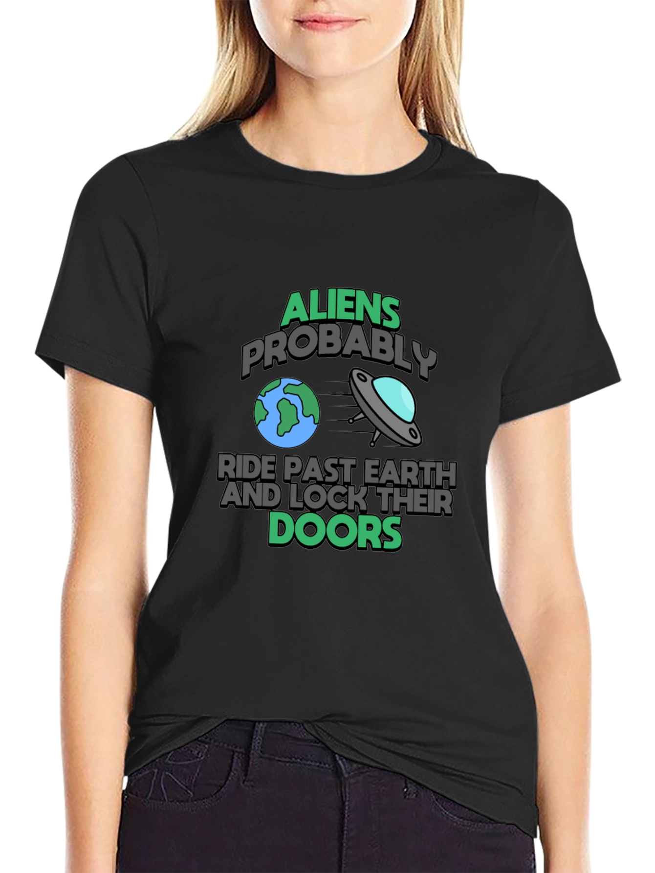 Aliens Probably Ride Past Earth Black Graphic T-Shirt