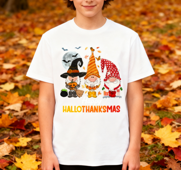 Happy HalloThanksMas Gnomes Graphic T-Shirt | 100% Cotton, Versatile for Multiple Occasions