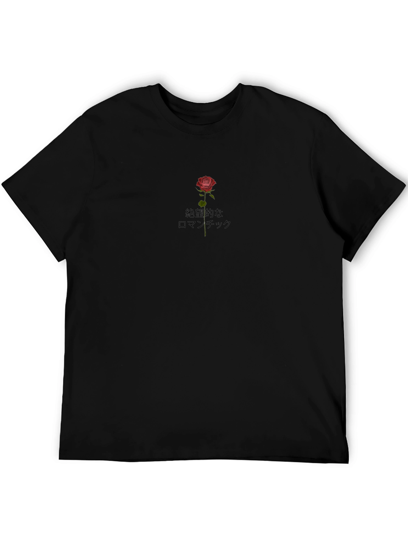 Black Tee with Rose & Japanese Text Design