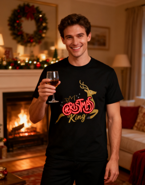 Christmas King Reindeer Neon Graphic T-Shirt - 100% Cotton, Festive Holiday Tee for Christmas Gatherings & Casual Wear
