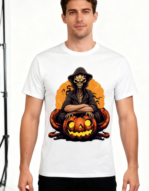 Halloween Skeleton Pumpkin Graphic T-Shirt - 100% Cotton, Versatile for Halloween & Casual Occasions. With a one-of-a-kind skeleton and pumpkin design you won't find anywhere else, get ready to be the star of the haunted night!