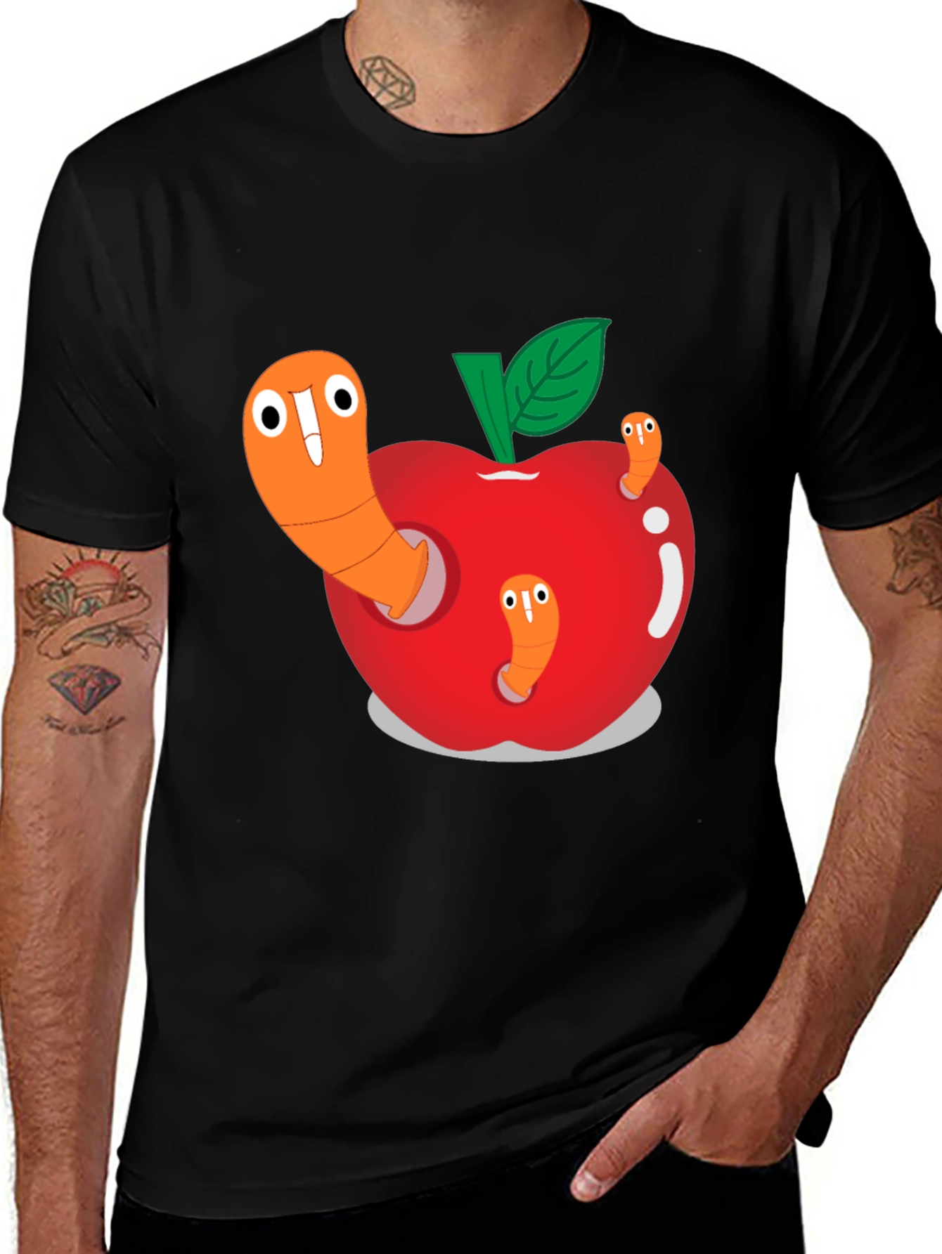 Worm Apple Graphic Tee - Fun Cartoon Shirt