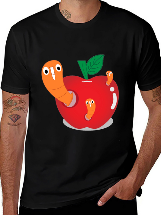 Worm Apple Graphic Tee - Fun Cartoon Shirt