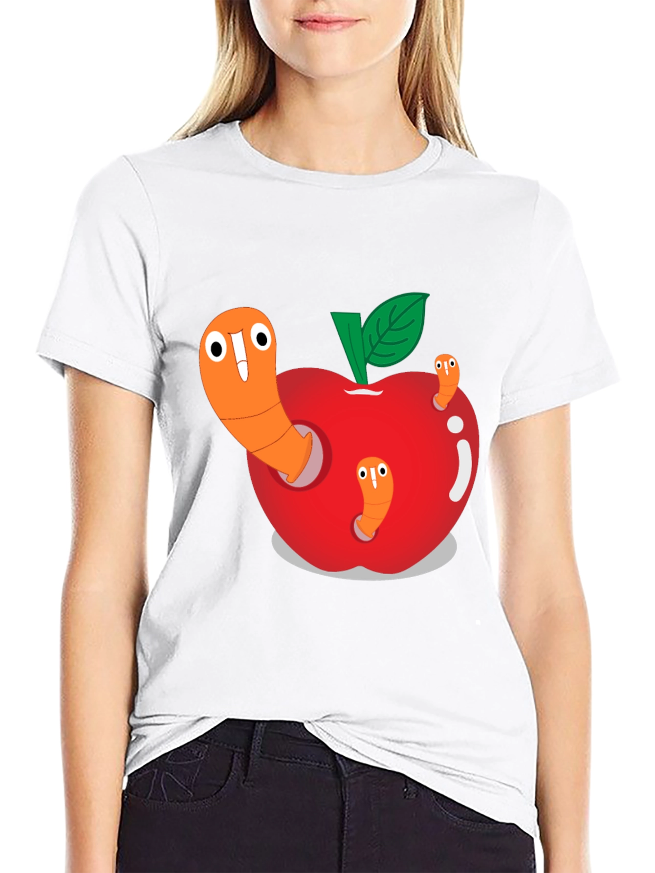 Worm Apple Graphic Tee - Fun Cartoon Shirt
