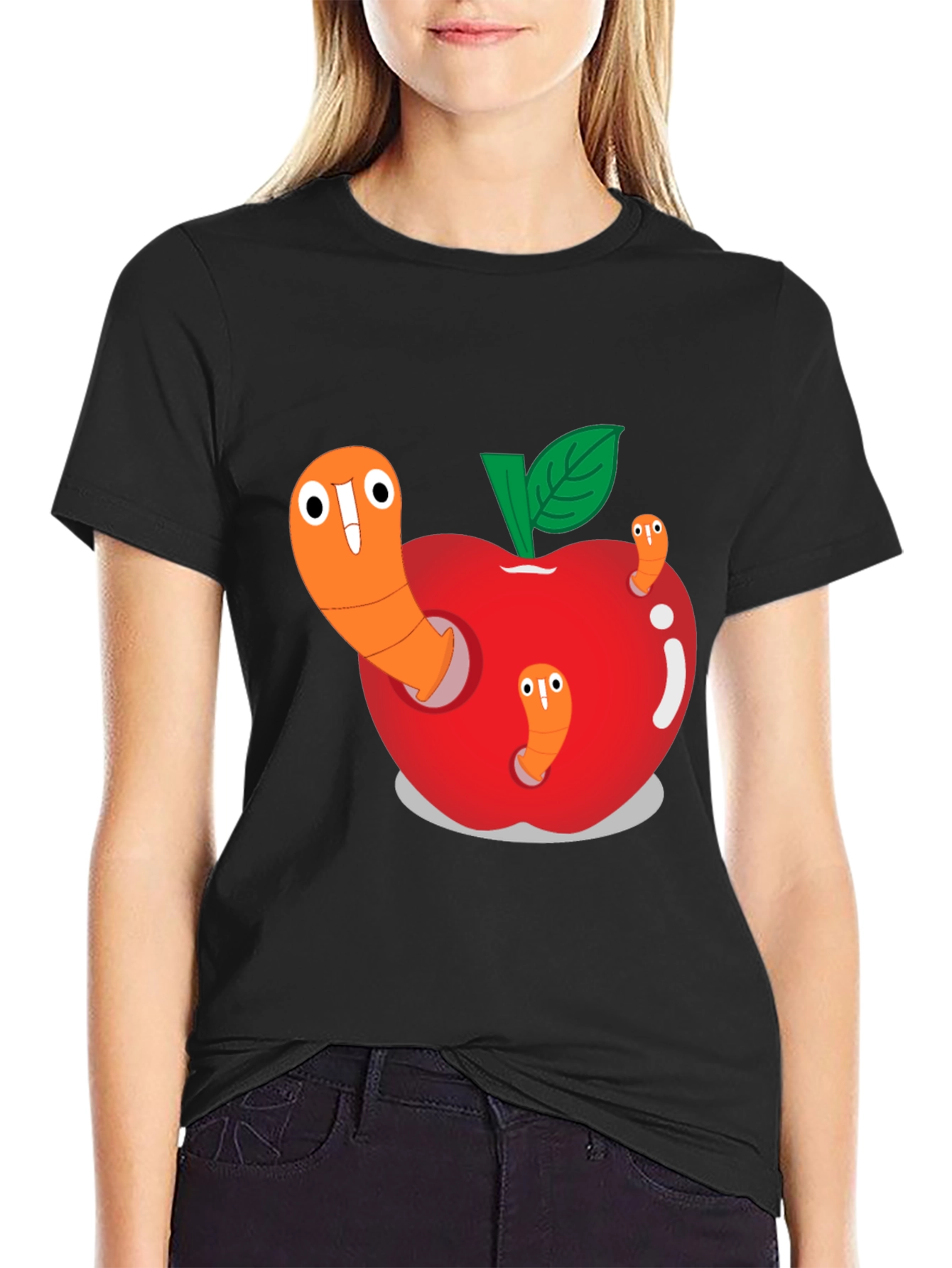 Worm Apple Graphic Tee - Fun Cartoon Shirt
