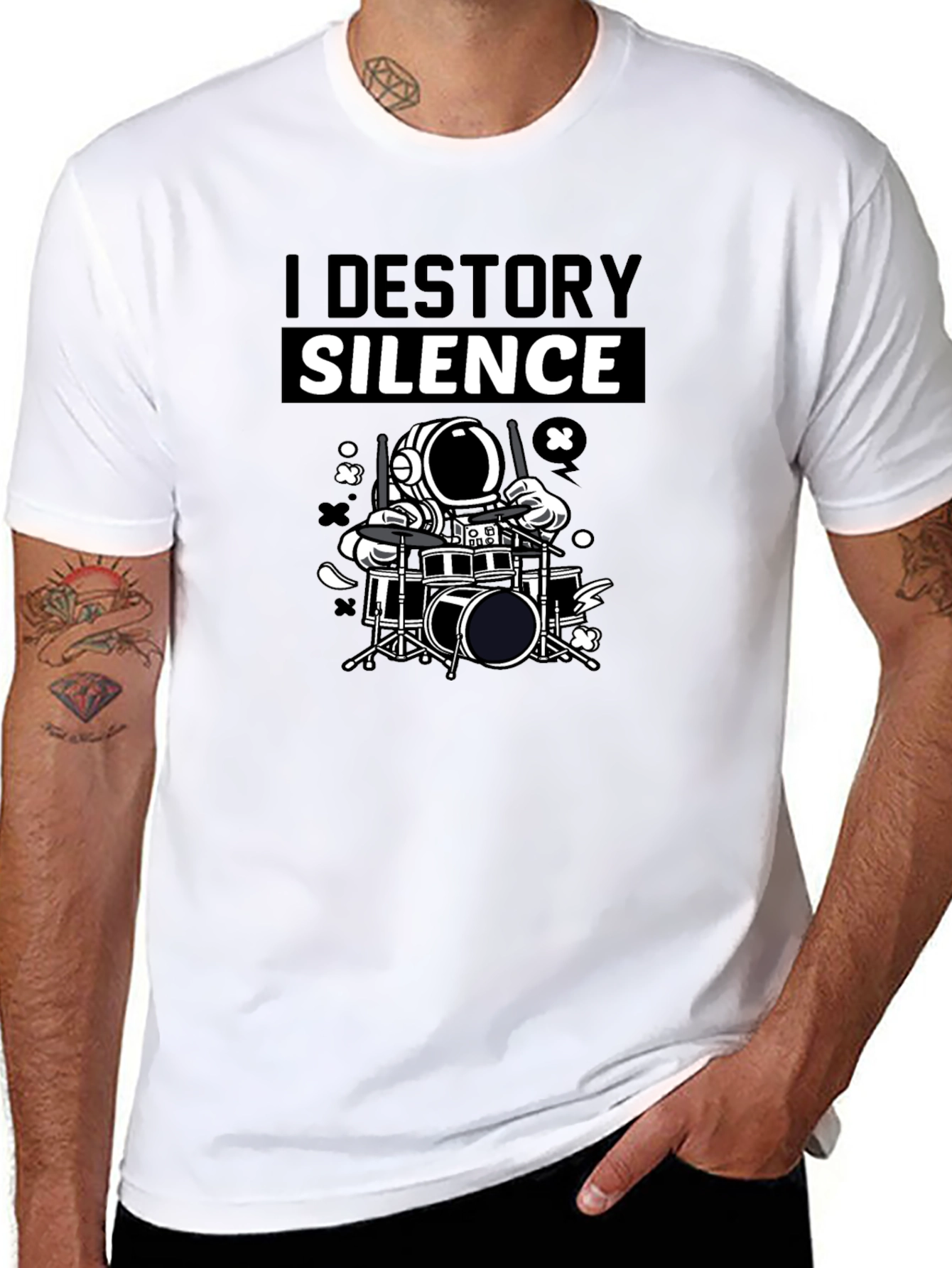 I Destroy Silence Drummer Astronaut Graphic T-Shirt