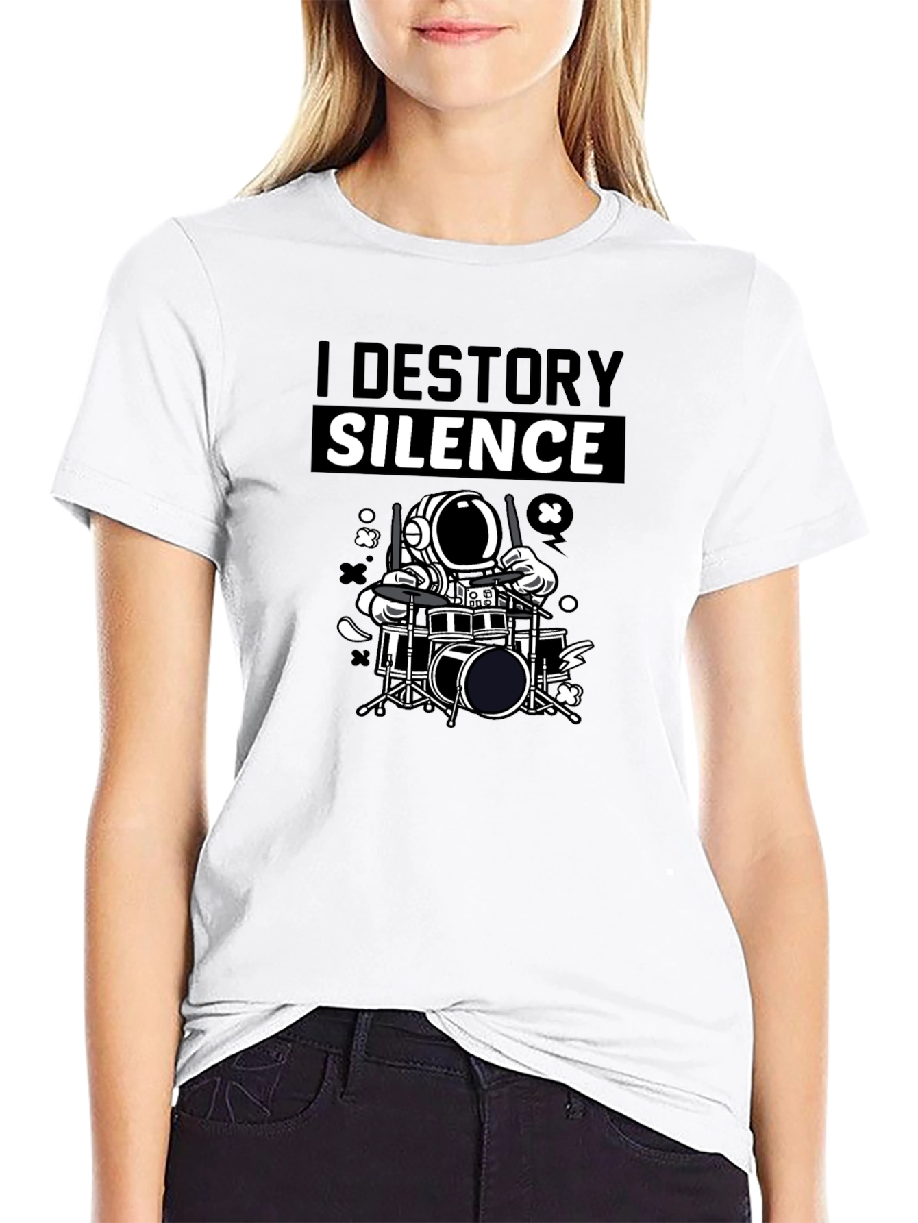I Destroy Silence Drummer Astronaut Graphic T-Shirt