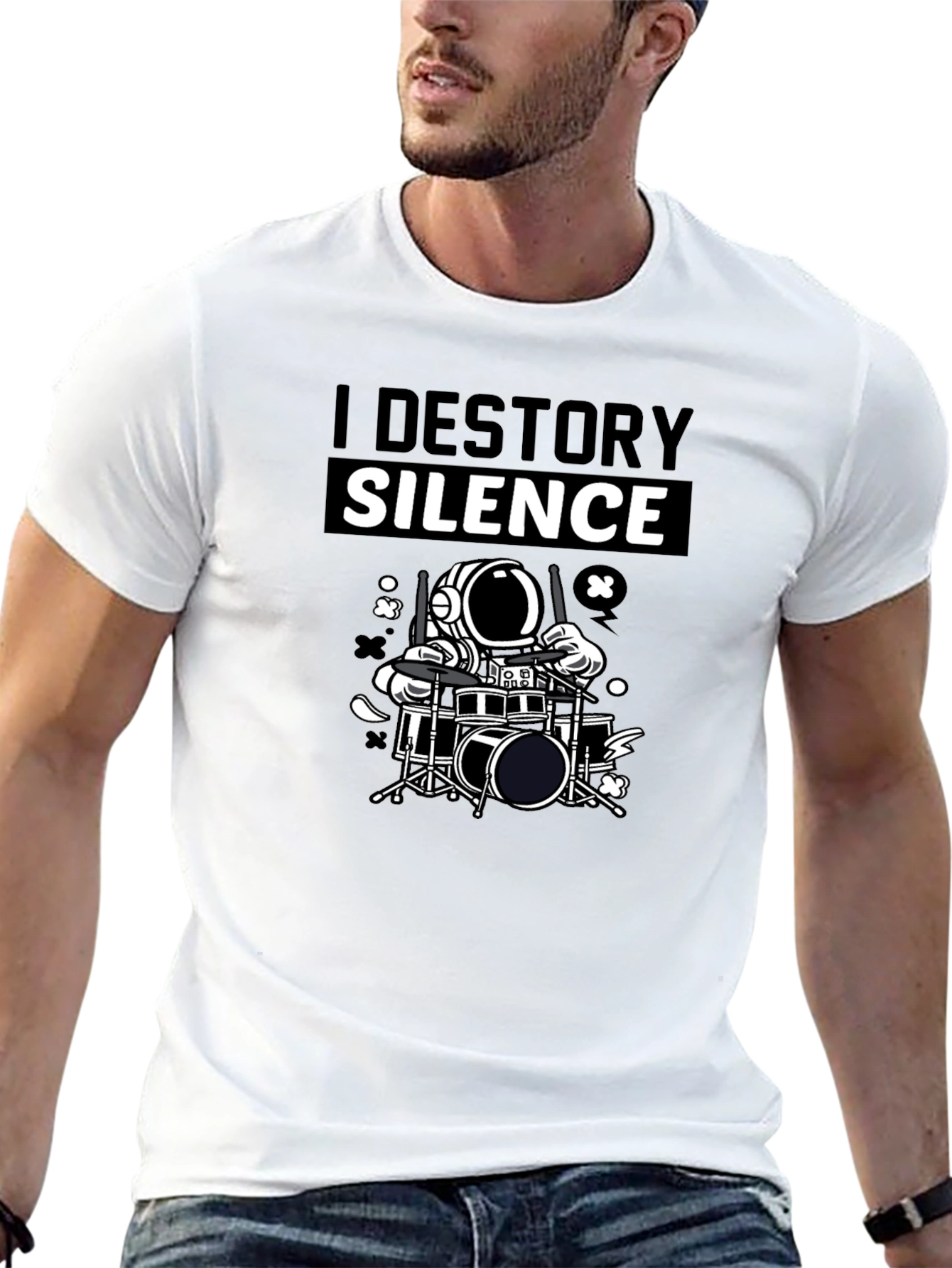 I Destroy Silence Drummer Astronaut Graphic T-Shirt