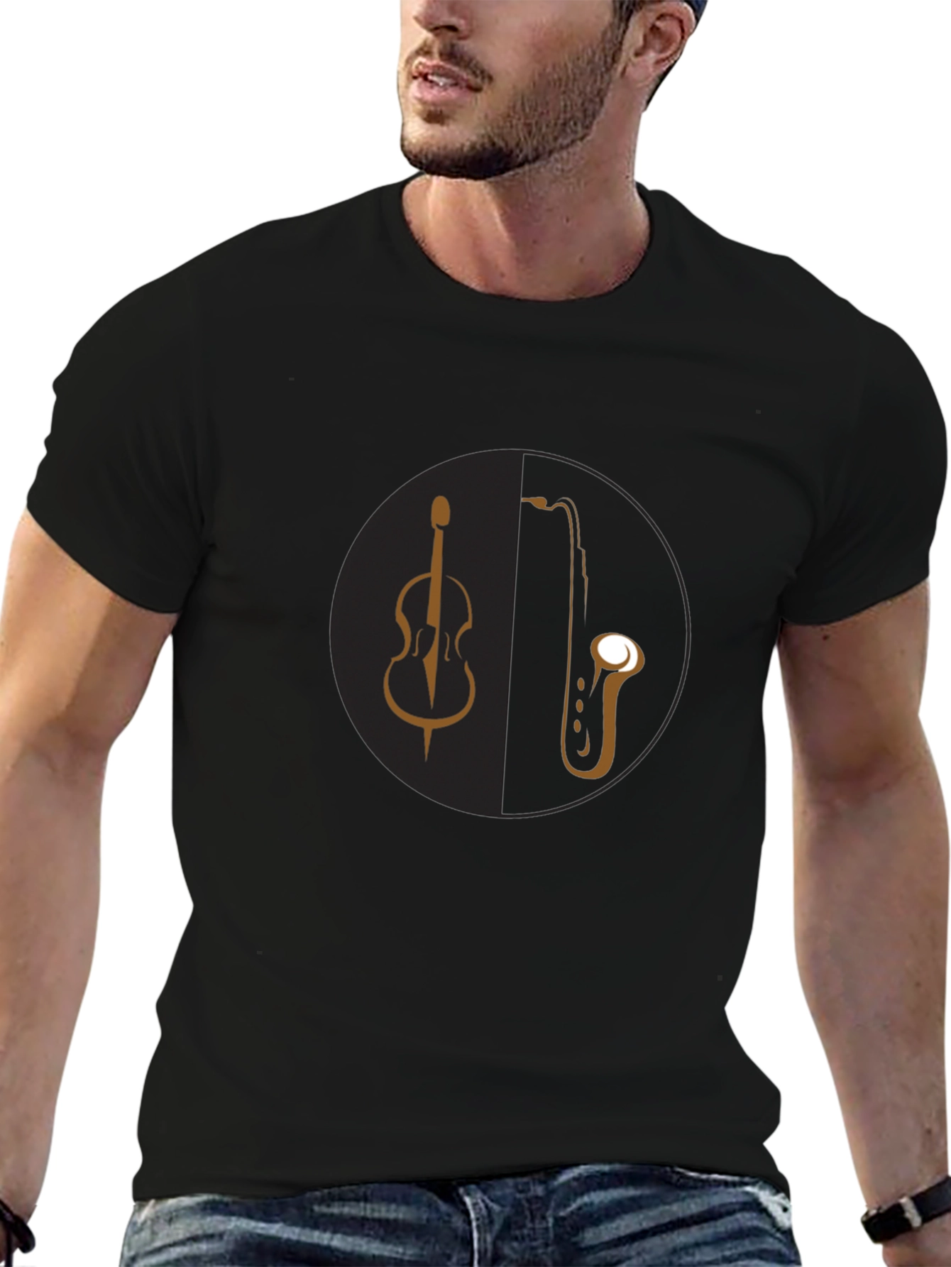 Music Lovers Tee: Bass & Saxophone Black T-Shirt