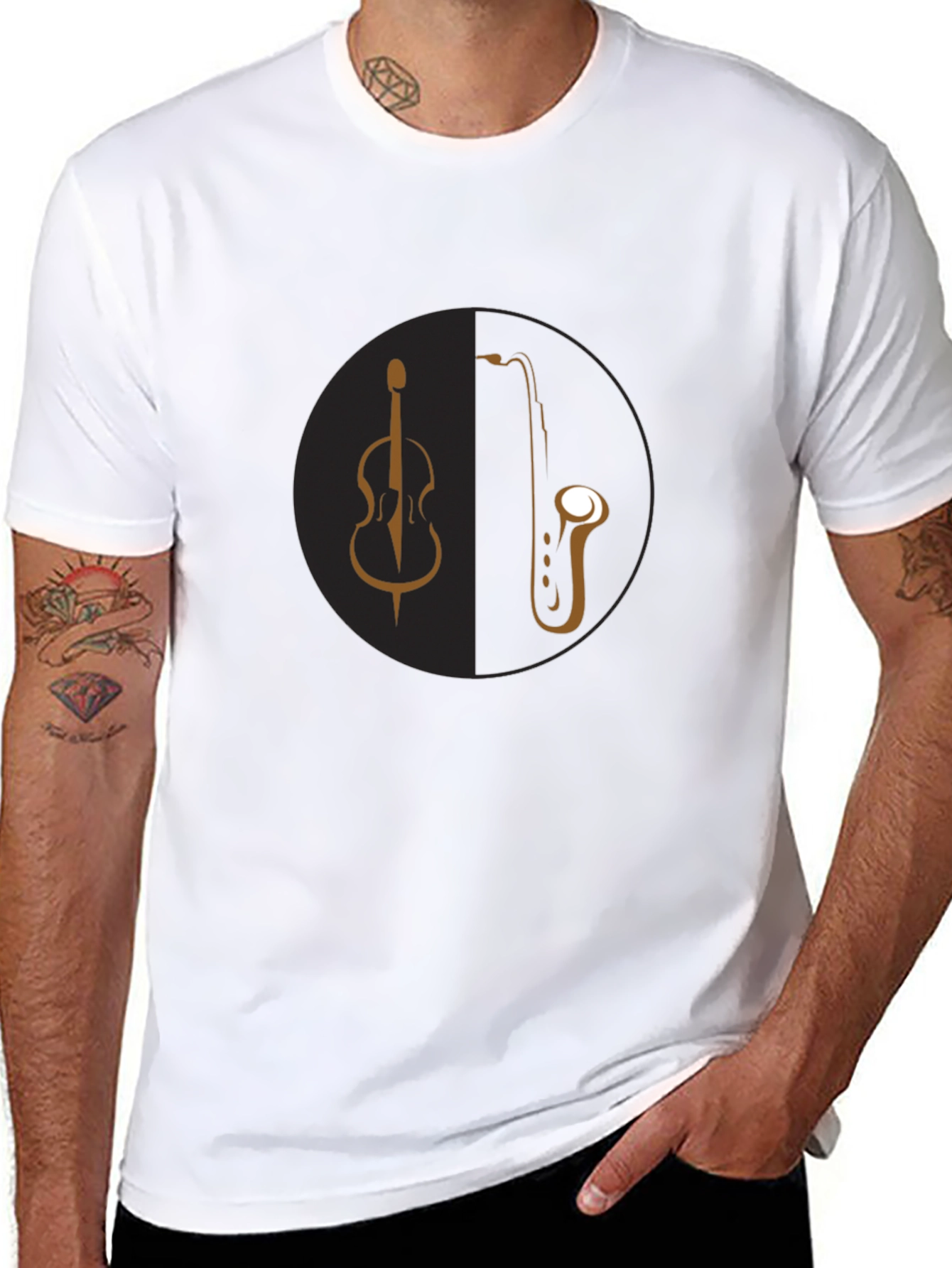 Music Lovers Tee: Bass & Saxophone Black T-Shirt