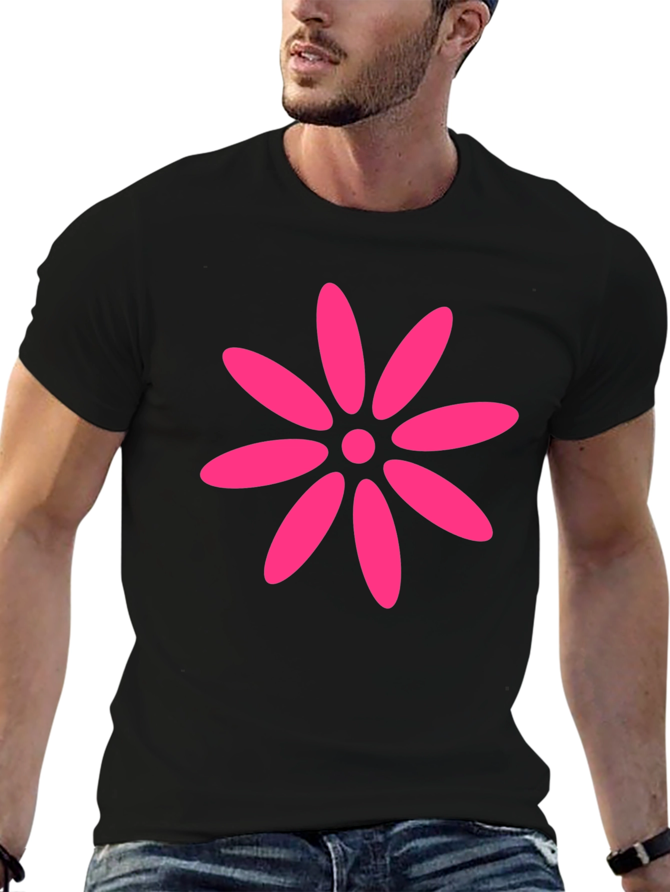 Black T-Shirt with Pink Flower Graphic
