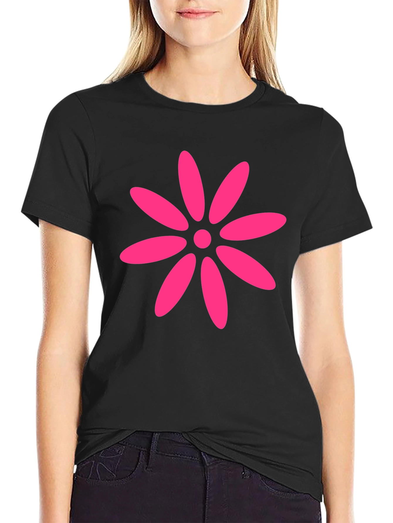 Black T-Shirt with Pink Flower Graphic