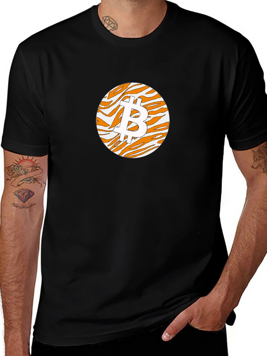 Bitcoin Tiger Stripe Graphic Tee - Black Cotton Casual Shirt