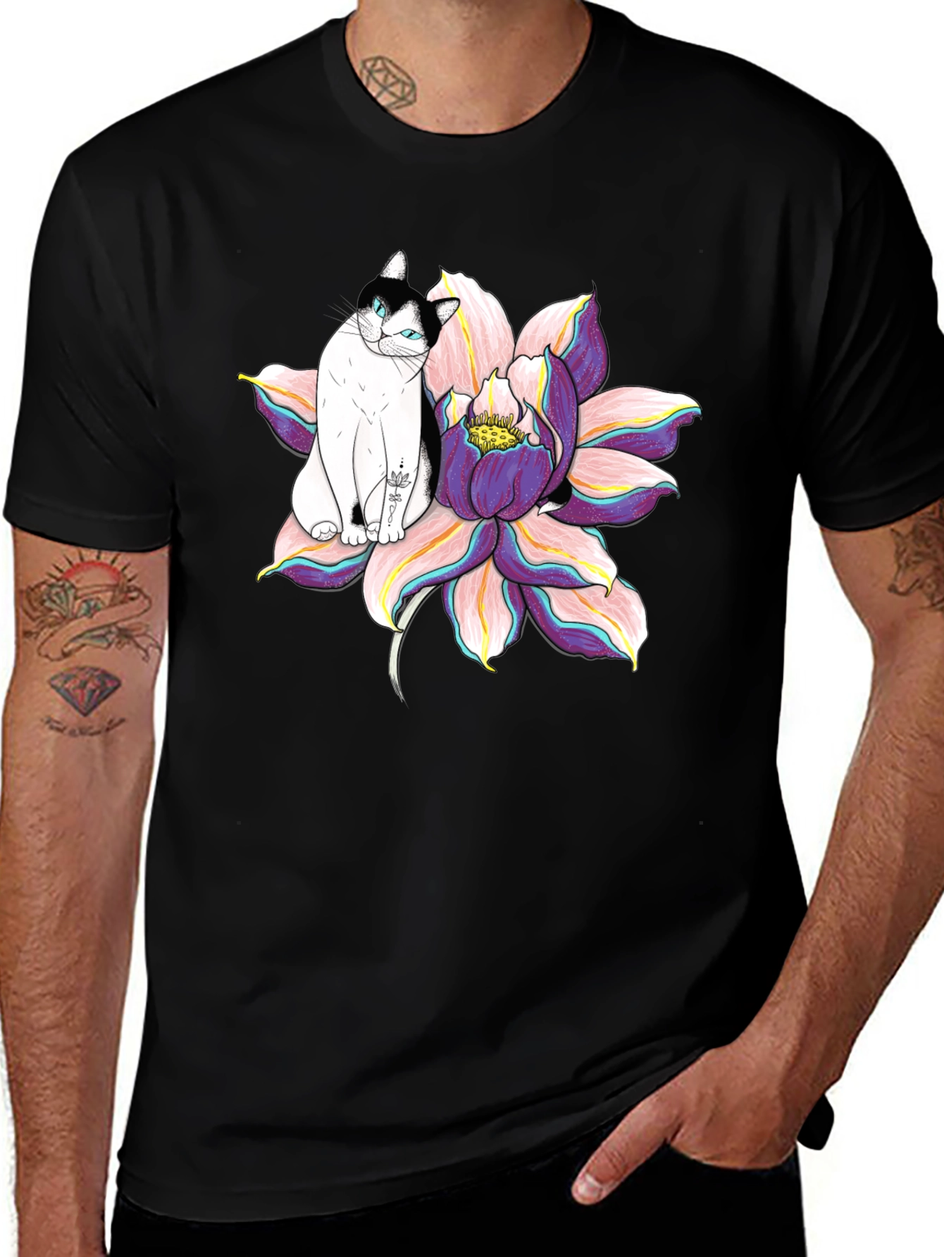 Black T-Shirt with Cat and Lotus Flower Graphic